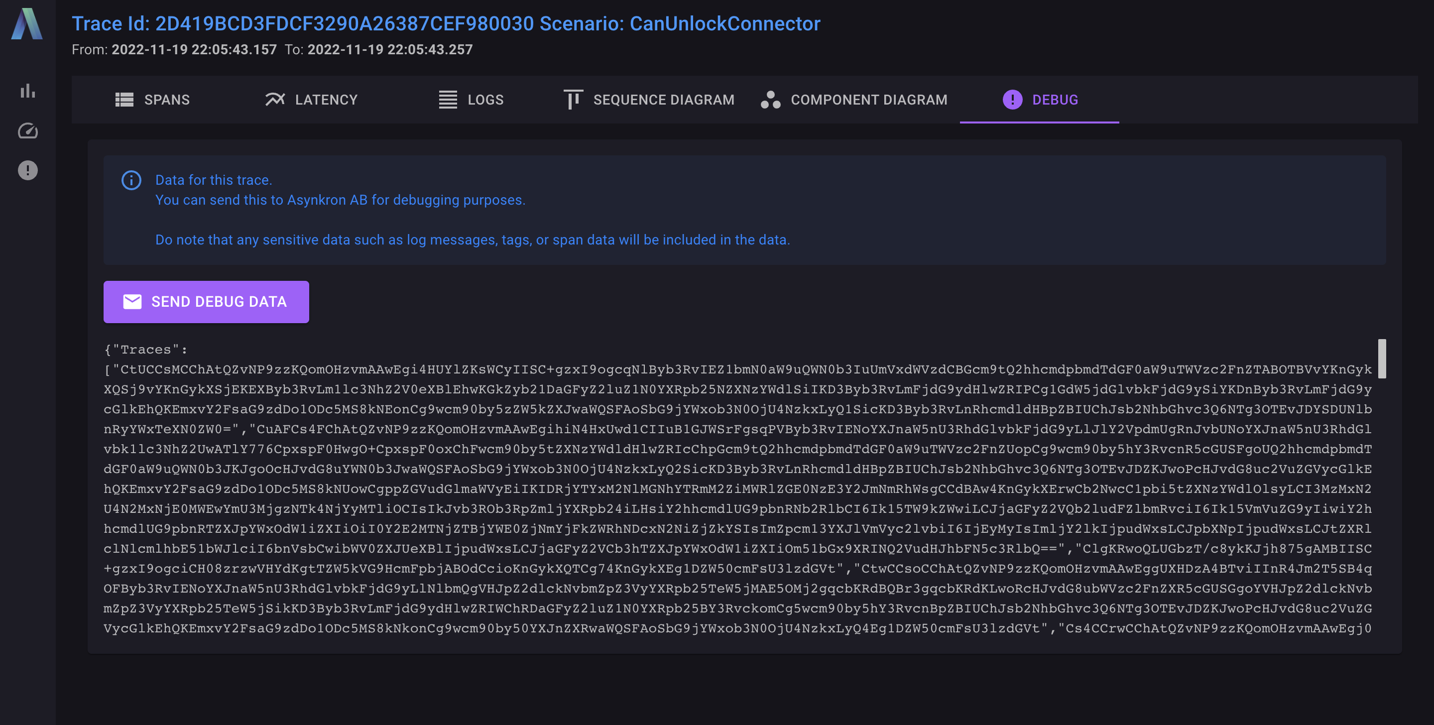 TraceLens data export tab showing packaged trace payload